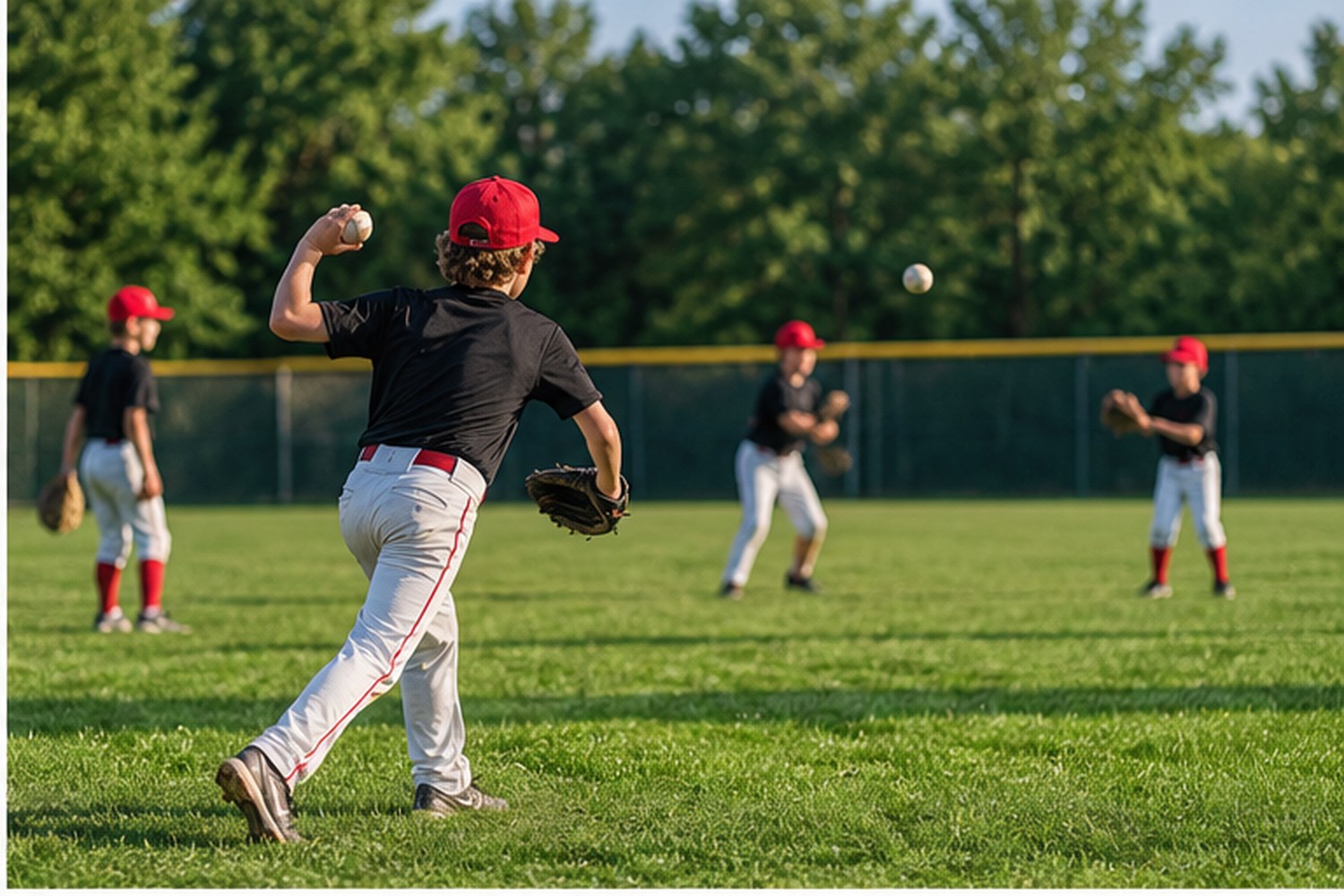 Baseball field and youth game action